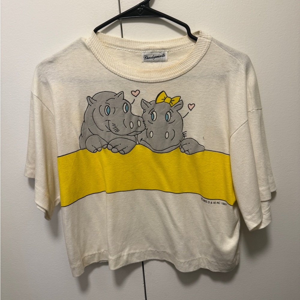 Playful Vintage Hippo Crop Top Shirt - Cream and Yellow